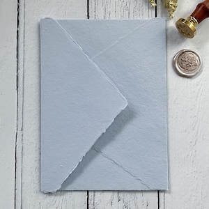 Handmade Paper Envelopes in Light Blue. PACK OF 5. Recycled cotton rag paper envelopes with deckled edge and diamond flap