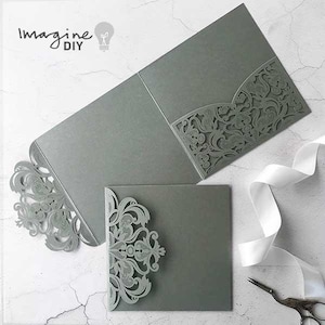 Invito a taglio laser con piega a tasca vuota / Jaipur Grey / Invito a nozze fai da te grigio metallizzato / Forniture per inviti fai da te / Argento