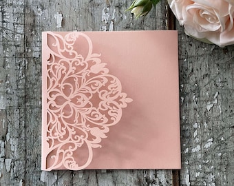 Laser Cut Pocket Fold Invitation | Wisteria Blush Pink | Blank Invitation Pocket Fold with laser cut pattern | DIY Wedding invitation