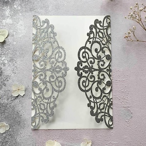 Lavish Glitter Laser Cut Invitation In Silver | Silver Glitter Wedding Invitation Blank | Luxury DIY wedding invitation