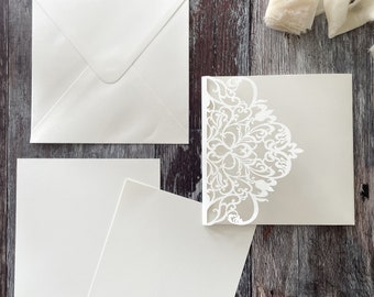 Confezione da 10 glicine bianco opaco taglio laser invito, inserti e busta / CONFEZIONE DA 10 / quadrato / pacchetto invito vuoto / matrimonio fai da te
