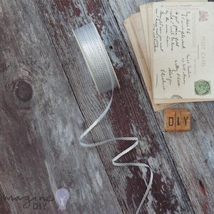 Herringbone Deluxe White & Silver | Narrow Chevron Pattern Ribbon in Silver and White