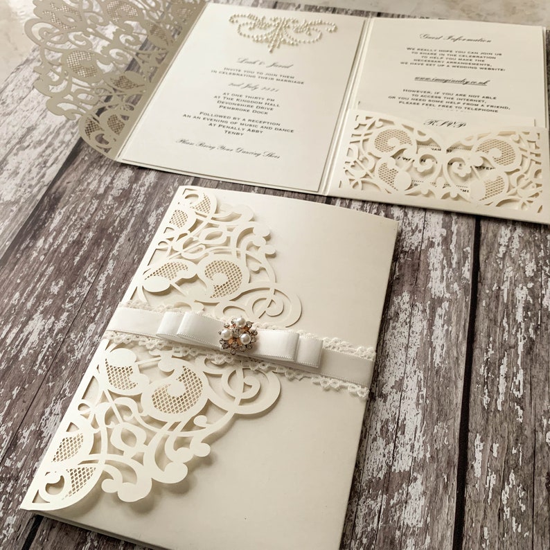 Elin Ivory Laser Cut Invitation Blank DIY wedding invitation Pocket Invitation in Ivory Pretty DIY invitation envelope image 5