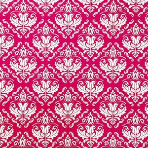 May include: A repeating pattern featuring white floral damask designs on a vibrant magenta background. The symmetrical arrangement creates a classic, ornate look, suitable for textiles or decorative applications.