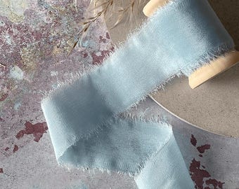 Silk Ribbon in Dusky Pale Blue | 5 Meter Roll of Pale Blue Habotai Silk Ribbon on a Wooden Reel | Raw Edge | Frayed Edge Silk