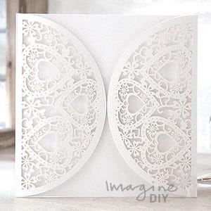 Romantique Laser Cut - Bianco / Inviti e cancelleria tagliati al laser vuoti con cuori / Cancelleria per matrimoni fai da te con cuori / Biglietti di ringraziamento