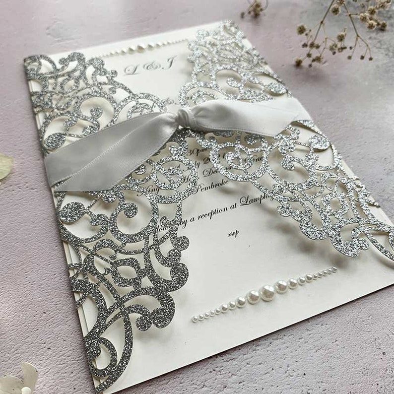 Lavish Glitter Laser Cut Invitation In Silver Silver Glitter Wedding Invitation Blank Luxury DIY wedding invitation image 4