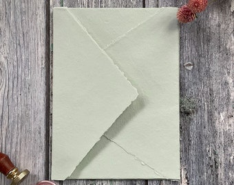 Handmade Paper Envelopes in Light Green. PACK OF 5. Recycled cotton rag paper envelopes with deckled edge and diamond flap