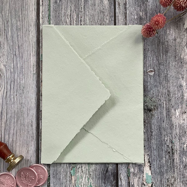 Handmade Paper Envelopes in Light Green. PACK OF 5. Recycled cotton rag paper envelopes with deckled edge and diamond flap