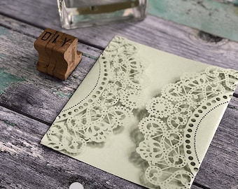 DIY wedding invitation Kit / Doily Pale Green Laser Cut Invitation with FREE insert and envelope / Make Summer Wedding Invitations