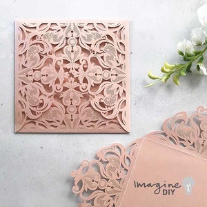 Invito di nozze Jaipur tagliato al laser in rosa cipria / Invito vuoto di lusso / Invito di nozze fai da te / Portafoglio per inviti
