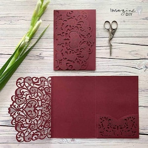 Amelie Laser Cut Pocket Invitation In Burgundy | Blank invitations for DIY wedding | Luxury DIY wedding and event invitations