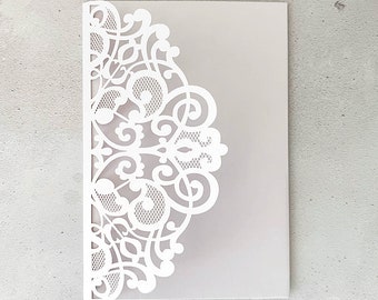 Elin White Laser Cut Invitation Blank | DIY wedding invitation | Pocket Invitation in White | Floral invitation with pocket