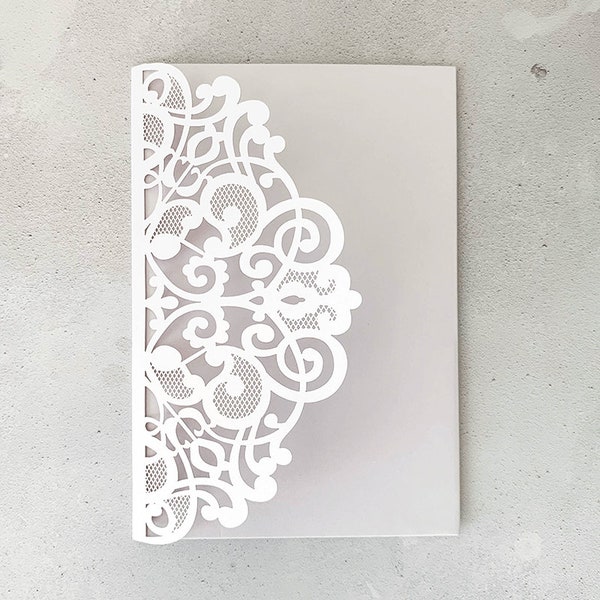 Elin White Laser Cut Invitation Blank | DIY wedding invitation | Pocket Invitation in White | Floral invitation with pocket