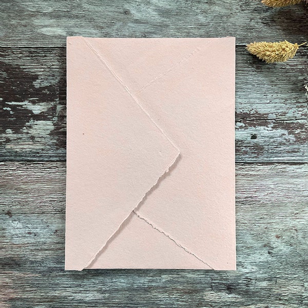 Handmade Paper Envelopes in Blush. PACK OF 5. Recycled cotton rag paper envelopes with deckled edge and diamond flap