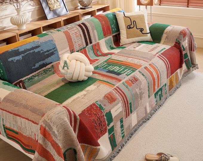 Featured listing image: Boho Cotton Sofa Throw, Geometric Patchwork Design, Tassel Fringe