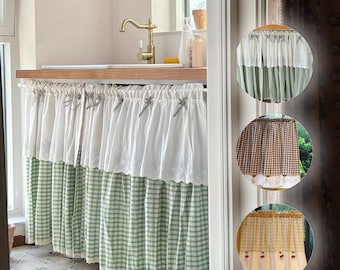 グリーンギンガムシンクスカート、アイレットレースファームハウスキャビネットカーテン