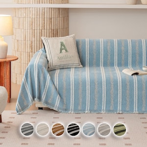 Boho Chenille Sofa Throw Blanket, Tufted Striped Couch Cover, Tassel Furniture Protector