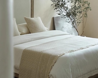 Coperta in cotone e lino jacquard bianco – Coperta con frange boho, 96"x98"