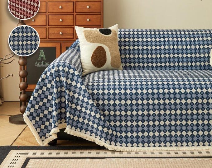 Featured listing image: Argyle Cotton Linen Sofa Throw, Vintage Checkered Couch Cover, Pet Protector