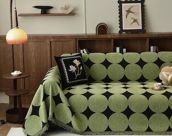 Mid-Century Geometric Sofacover, Retro Chunky Chenille Polka Dot Sofa Throw
