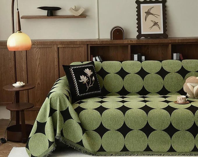 Featured listing image: Mid-Century Geometric Sofacover, Retro Chunky Chenille Polka Dot Sofa Throw