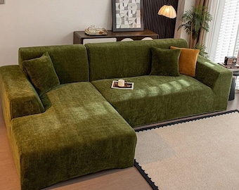 L-Shaped Sofa Cover, Stretch Chenille Sectional Slipcover, Full cover Couch Protector