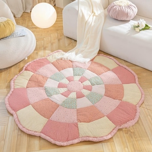 Large Round Patchwork Floor Cushion, Quilted Cotton Play Mat, 59"