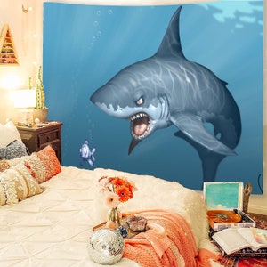 Shark Tapestry, kids room wall Tapestry,  funny shark bedroom decor Blanket, 3D room Wall Hanging Tapestry, wall decoration