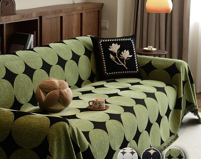 Featured listing image: Mid-Century Geometric Sofacover, Retro Chunky Chenille Polka Dot Sofa Throw