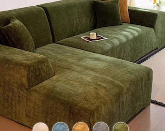 Housse Canapé d'Angle, Extensible Chenille, Protection Canapé L, Modèle Bonnet de Bain, Tissu Chevron