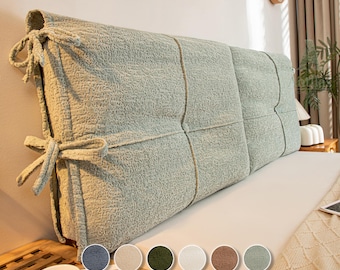 Cojín de Cabecero de Lino Texturizado, Respaldo de Cama Tapizado con Tiras, Almohada de Lectura, Renovación de Dormitorio Rústico