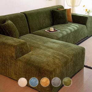 Funda Sofá Chaise Longue, Sofá en L, Elástica Chenilla, Protector Rinconera, Gorro de Ducha, Espiga