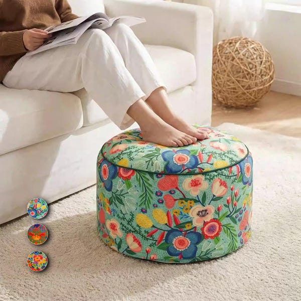 Capa de Puff Floral Retro, Otomana Boho (Sem Enchimento), Apoio de Pés Redondo, Decoração Sala, Ecológico