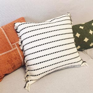 Boho Striped Throw Pillow: Cream & Black Cotton with Fringe