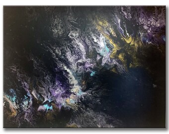 Peinture acrylique abstraite originale - « Stars To Cross Seas » - 18x24 Canvas - Violet, Noir, Or, Turquoise, Argent | Art mural | Décor mural