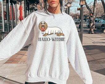 Hallo-Weenie Oversized Halloween Sweatshirt | Wiener Dog Ghost | Dachshund Dog Sweatshirt