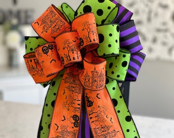 Halloween Lantern Bow, Haunted House, Polka Dot and Striped Ribbon