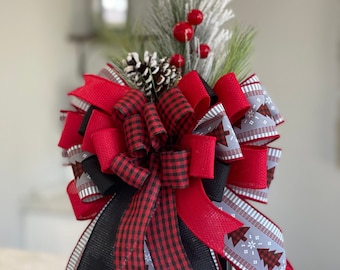 Christmas bow, Christmas bow with berries and pinecone, Holiday bow, red plaid bow, lantern bow, Christmas tree bow, Red Christmas bow