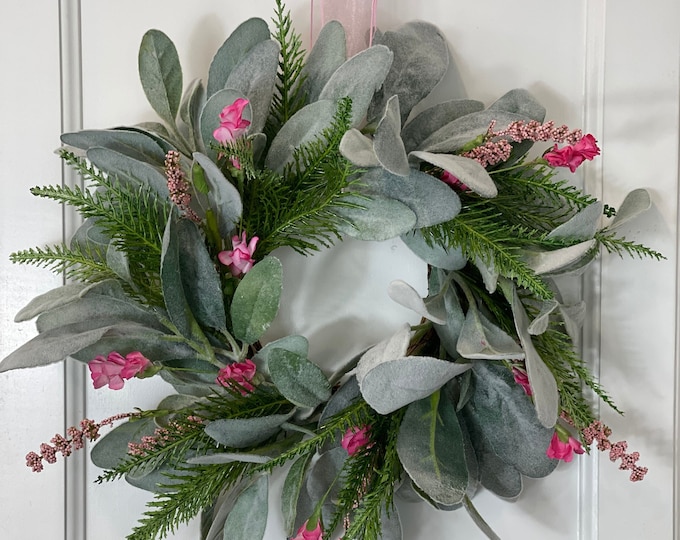 Spring Lambs Ear and Floral Wreath, Fern and Pink Flower Wreath, Easter ...