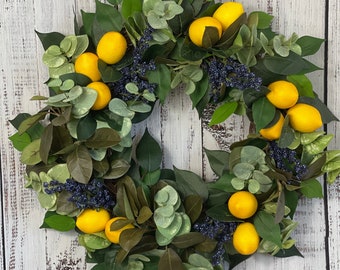 Lemon blueberry wreath for front door, Lemon wreath, Kitchen wreath, year round wreath, everyday wreath, housewarming gift, farmhouse