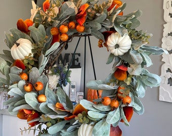 Fall Wreath, Fall lambs ear wreath, Thanksgiving Wreath, fall Farmhouse Wreath, Fall pumpkin wreath, Autumn Wreath, Boho decor, Fall decor