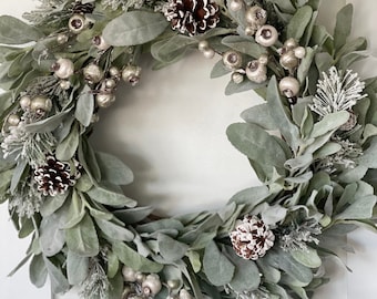 Christmas wreaths, lambs ear and berry wreath, winter farmhouse wreath, rustic Christmas wreath, holiday wreaths, Christmas decor, boho