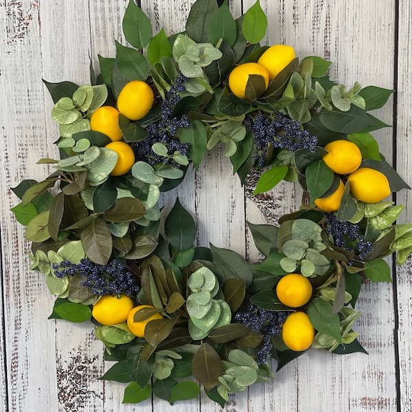 Lemon blueberry wreath for front door, Lemon wreath, Kitchen wreath, year round wreath, everyday wreath, housewarming gift, farmhouse