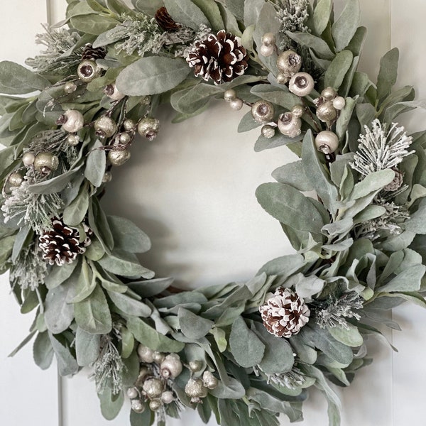 Christmas wreaths, lambs ear and berry wreath, winter farmhouse wreath, rustic Christmas wreath, holiday wreaths, Christmas decor, boho