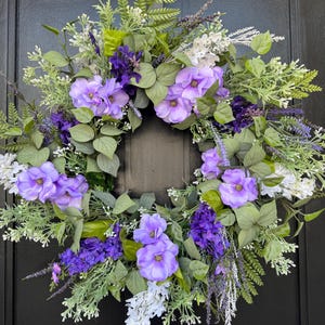 Spring door wreath, spring and summer, purple wreath, Easter wreath, everyday wreath, greenery wreath, year-round wreath, grapevine wreath