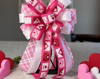 Valentines day pink and red bow, valentines day hearts bow, valentines day wreath bow, love letter decoration, red bows, pink plaid bow