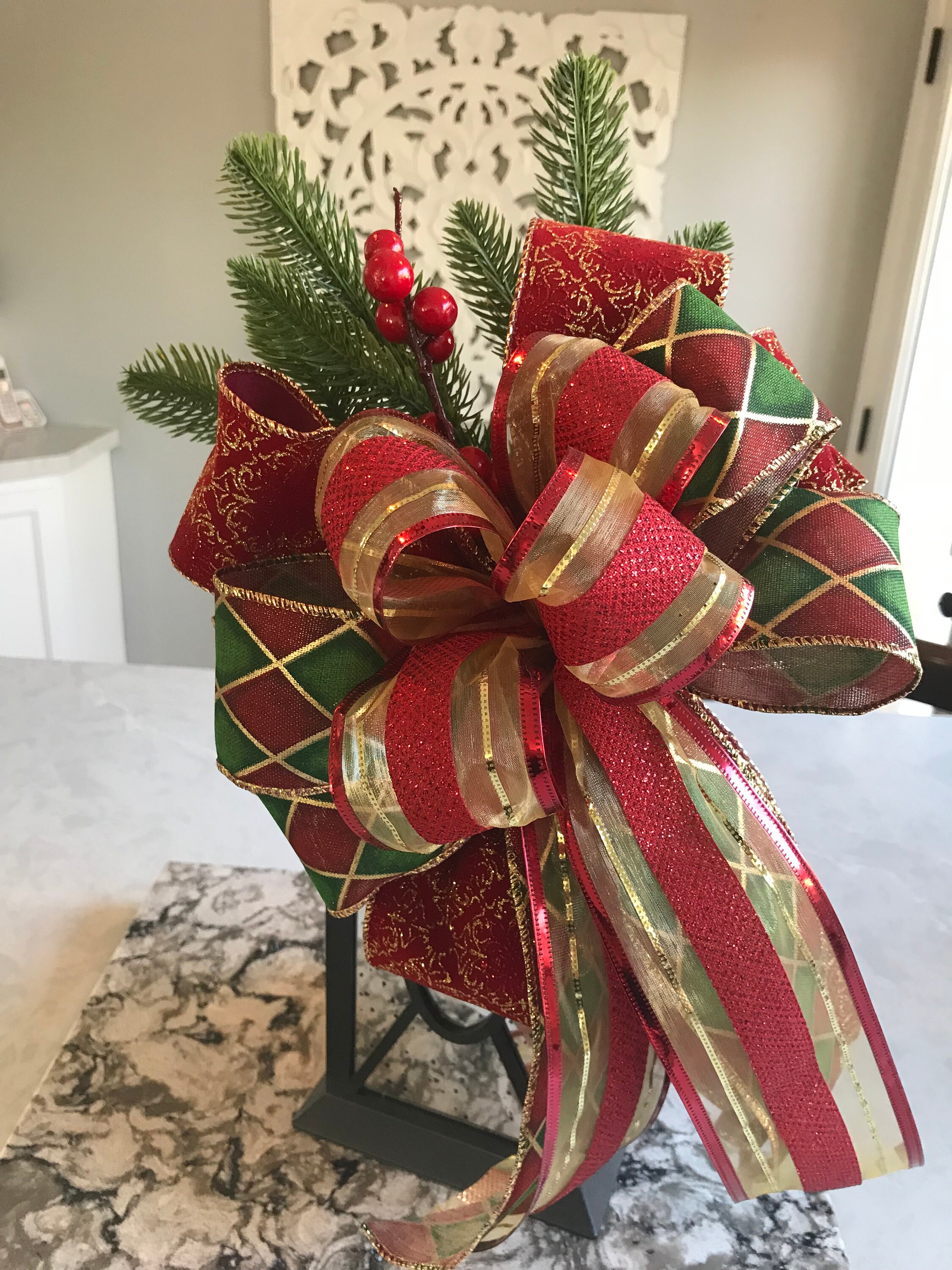 Christmas bow with greenery and berries | Etsy