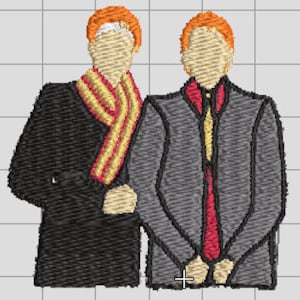 May include: Two embroidered figures of people wearing suits and scarves. The figures have orange hair and are standing side by side.