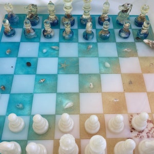 Standars size set and FREE custom chess board -ocean inpired chess set with shells, Nature Inspired, Custom Made, Chess set with waves
